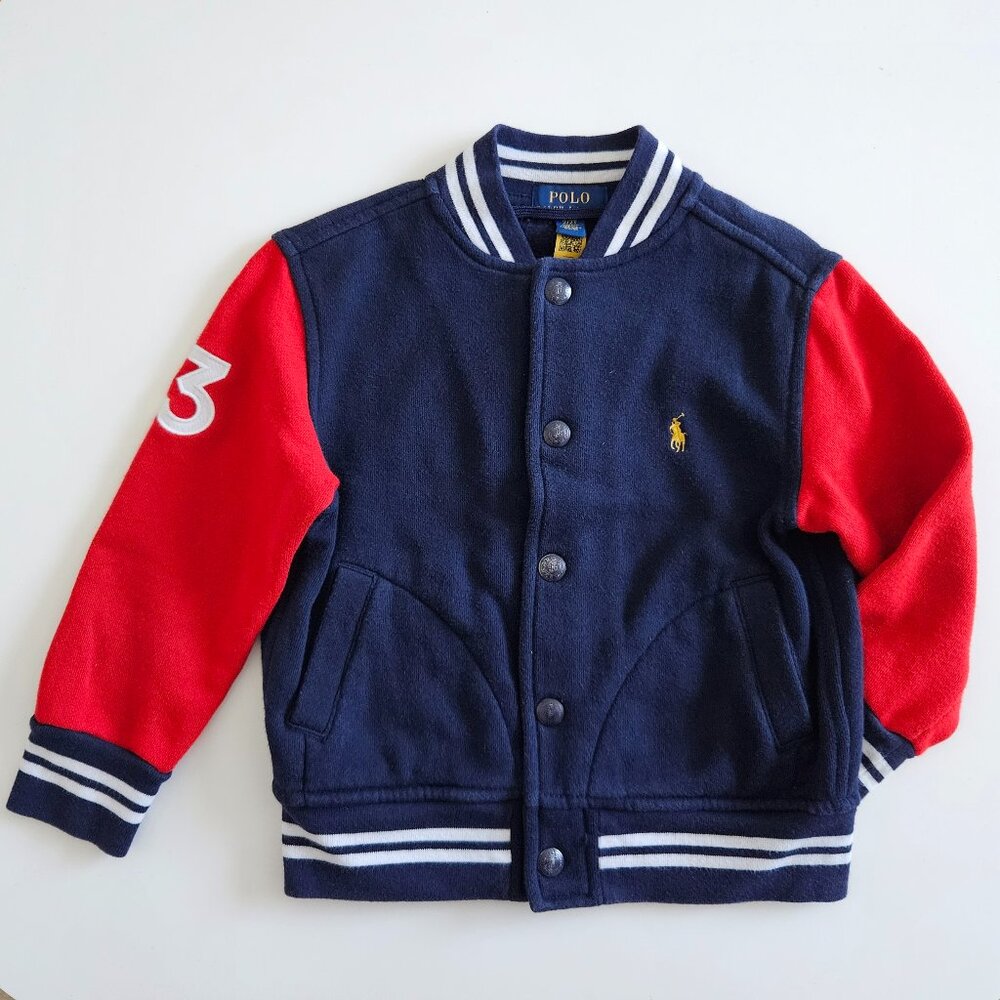 Polo Ralph Lauren Crest Fleece Baseball Jacket – Red & Navy, Size 2T